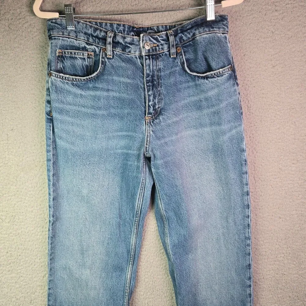 Zara Jeans Medium Blue 8 Straight Leg High Rise 100 Cotton Long Inseam